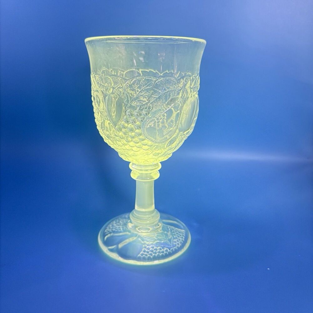 Vintage Uranium Glass Fruit Goblet Grapes Pears Pressed Glass 6.5” UV Glow